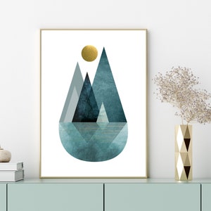 Downloadable print, Teal gold, Modern Mountain printable art, Teal digital download, Scandinavian poster download, Nordic print green golden