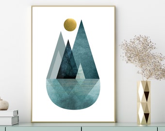Teal Gold Mountain Print, Scandinavian Nordic Art (Digital Download)