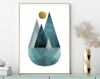 Downloadable print, Teal gold, Modern Mountain printable art, Teal digital download, Scandinavian poster download, Nordic print green golden