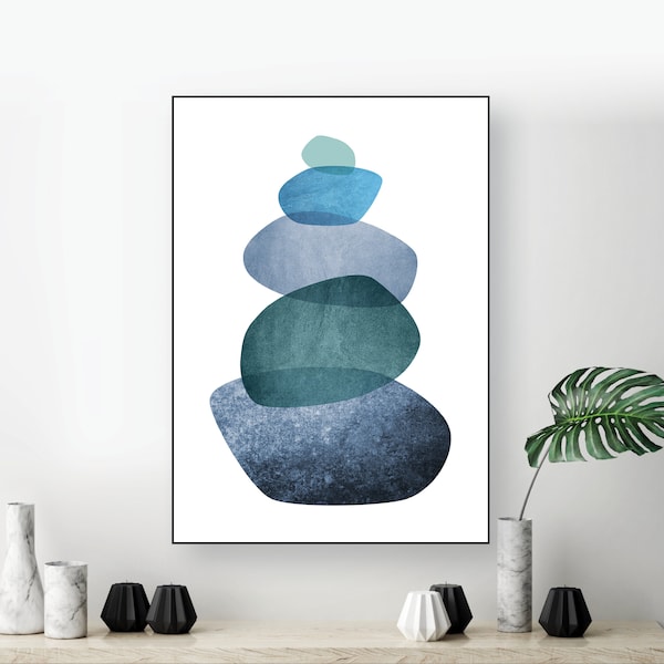 Downloadable print, Balancing Stones art, Navy blue teal, Pebbles printable art, Balance art, Pebble wall art, Stones printable, Minimalist