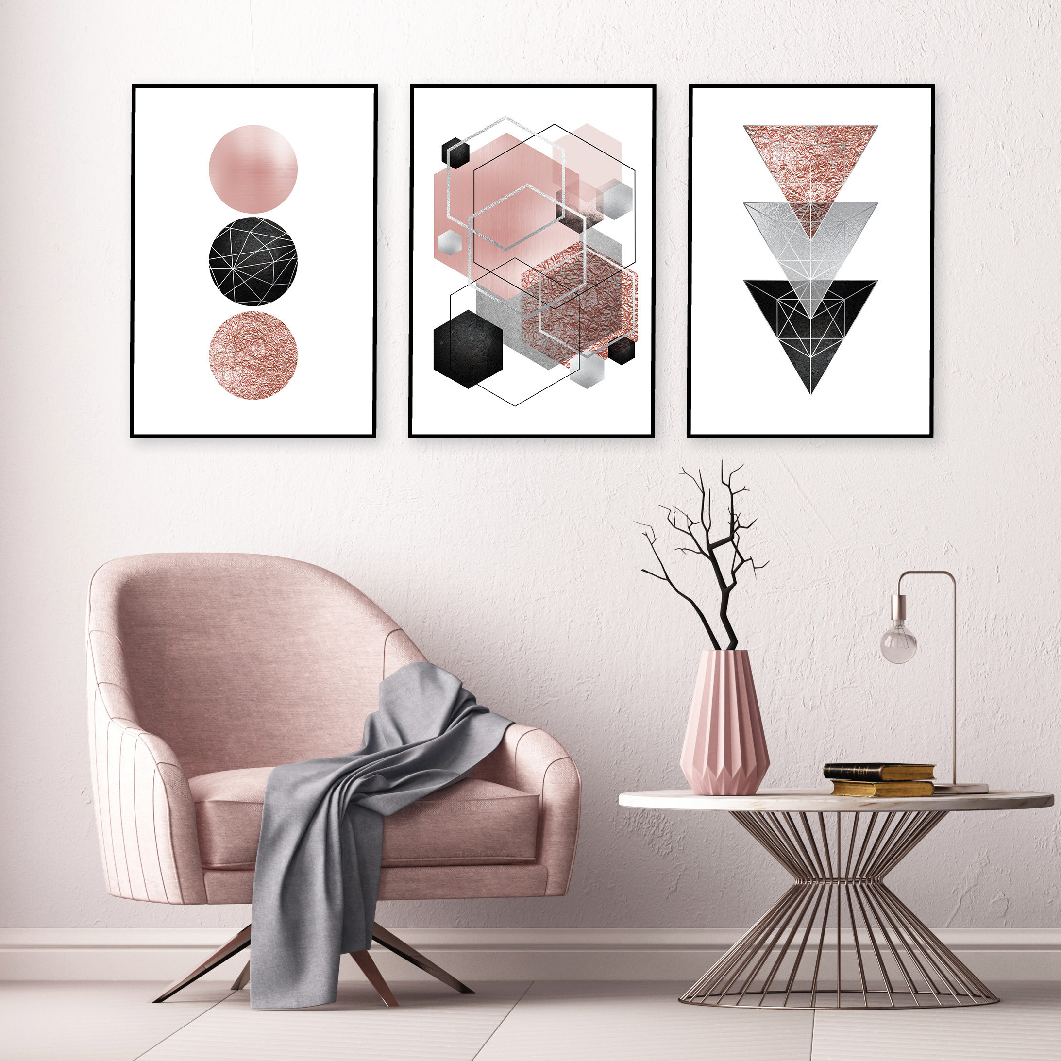 Digital download blush pink grey silver wall art set of 3 | Etsy