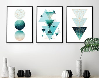 Set of 3 Downloadable Printable Geometric Prints Turquoise Aqua teal Copper Affiche Scandinavian Modern Print Art Minimalist Poster Scandi