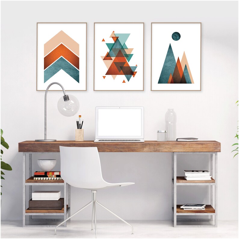 Set of 3 burnt orange teal printable wall art Geometric Mountain Chevrons Scandi art set trio Modern midcentury downloadable living room art