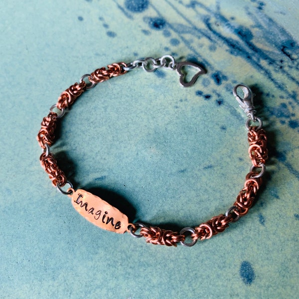 Hand-stamped copper chainmaille Byzantine bracelet - "Imagine" - hand-made bracelet - artisan chainmaille