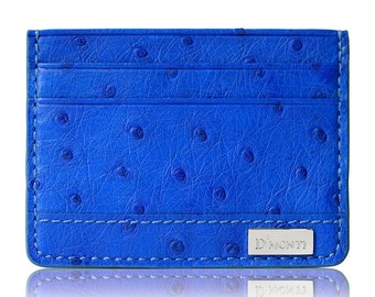 D'Monti Monaco Blue France Luxury Genuine Real Ostrich Leather Mens Womens Unisex Credit Card Holder Wallet