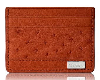 D'Monti Allard Orange France Luxury Genuine Real Ostrich Leather Mens Womens Unisex Credit Card Holder Slim Wallet