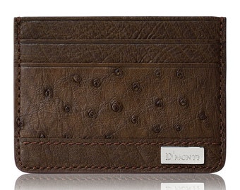 D'Monti Paris Dark Brown Credit Card Holder Slim Wallet in Exotic Ostrich Leather for men women unisex designer luxury gift idea