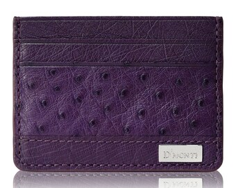 D'Monti Bordeaux Purple France Luxury Genuine Real Ostrich Leather Mens Womens Unisex Credit Card Holder Wallet