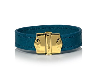 D'Monti Coral Blue Mothers Day Gift Ideas - France Luxury Exotic Genuine Real Ostrich Leather Mens Womens Unisex Single Cuff Bracelet