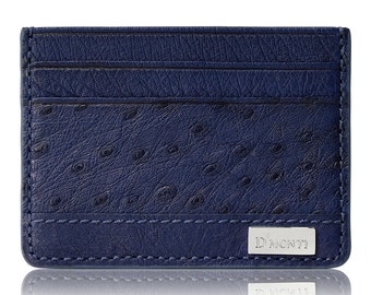 D'Monti Navy Blue France Luxury Genuine Real Ostrich Leather Mens Womens Unisex Credit Card Holder Slim Wallet