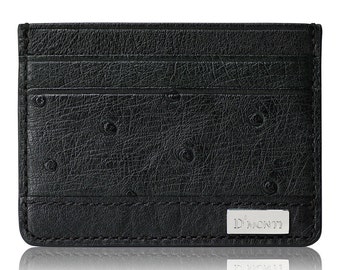 D'Monti Nero Black France Luxury Genuine Real Ostrich Leather Mens Womens Unisex Credit Card Holder Slim Wallet