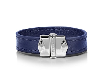 D'Monti Navy Blue Mothers Day Gift Ideas - France Luxury Exotic Genuine Real Ostrich Leather Mens Womens Unisex Single Cuff Bracelet