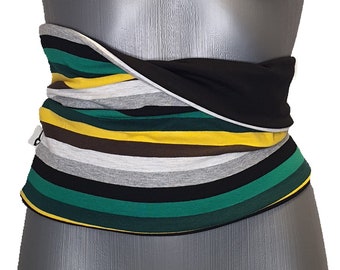 Back Warmer Haramaki Double Sided with White, Green, Yellow, Black, Gray Strips for Yoga, Dance, Acrobatics to keep your back warm