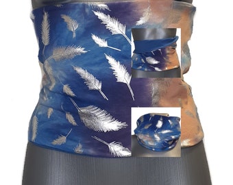 Double-Sided Tie Dye and Silver Feathers Haramaki Waist Warmer. Perfect for Yoga, Dance, and Aerial Acrobatics, keeps you cozy