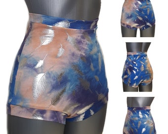 High Waist Shorts for Aerial Acrobatics, Dance, Pole Dance and Yoga Tie Dye with Silver Feathers Pattern *LIMITED EDITION*
