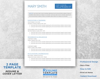 one page resume template word resume cover letter templates etsy