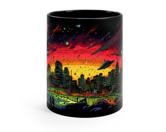 Alien Invasion Kaffeebecher, UFO Becher, Sci-Fi Becher, Space Alien Becher, Lieblingsbecher, künstlerischer Becher, Geschenk für ihn, Geschenk für sie, X-Files, Kaffeetasse