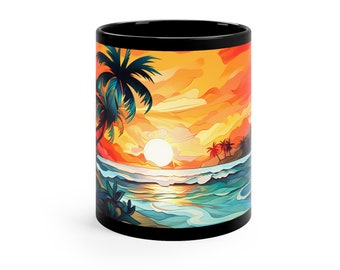 Tropische Insel Sonnenuntergang, Palmen, Kaffeetasse, Lieblingsbecher, Künstlerische Tasse, Geschenkidee, Einzigartiges Geschenk, Geschenk für Ihn, Geschenk für Sie