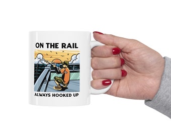 Fishing Mug: "On the Rail" Ceramic Coffee Cup, Fisherman Gift