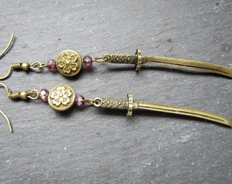 Katana Earrings with Sakura ~ Choice of 10 Colours ~ Katana Earrings, Japanese Swords, Sword Earrings, Japanese jewelry, Tribal Earrings