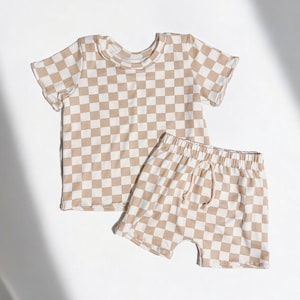 Tan Kids Checkered outfit, baby shorts, toddler boy shorts, kids shorts, checkered outfit, checkered tshirt