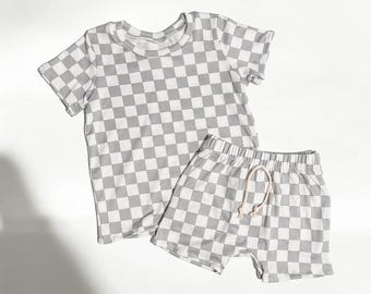 Grey Kids Checkered outfit, baby shorts, toddler boy shorts, kids shorts, checkered outfit, checkered tshirt