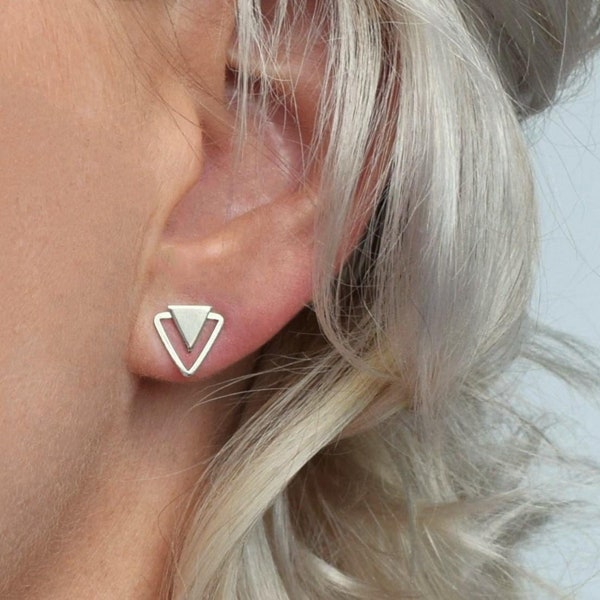 Triangle Stud Earrings - Silver Stud Earrings - Geometric Stud Earrings - Silver Triangle post earrings - Double Triangle Earrings