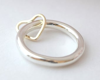 Gold Heart Spinner Ring - Silver Fidget Ring with Heart Charm - Worry Ring