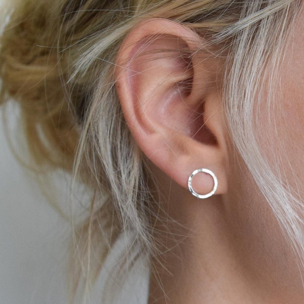 Circle Stud Earrings - Silver or Gold Hoop Earrings - Hammered Circle Stud Earrings - Small Stud Earrings - Dimple Silver Circle Earrings