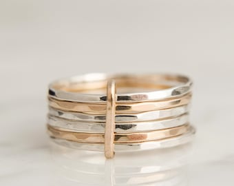 Silver & Gold Stacking Rings - Skinny Stacking Ring - Solid Gold - Linked Rings - Hammered Finish