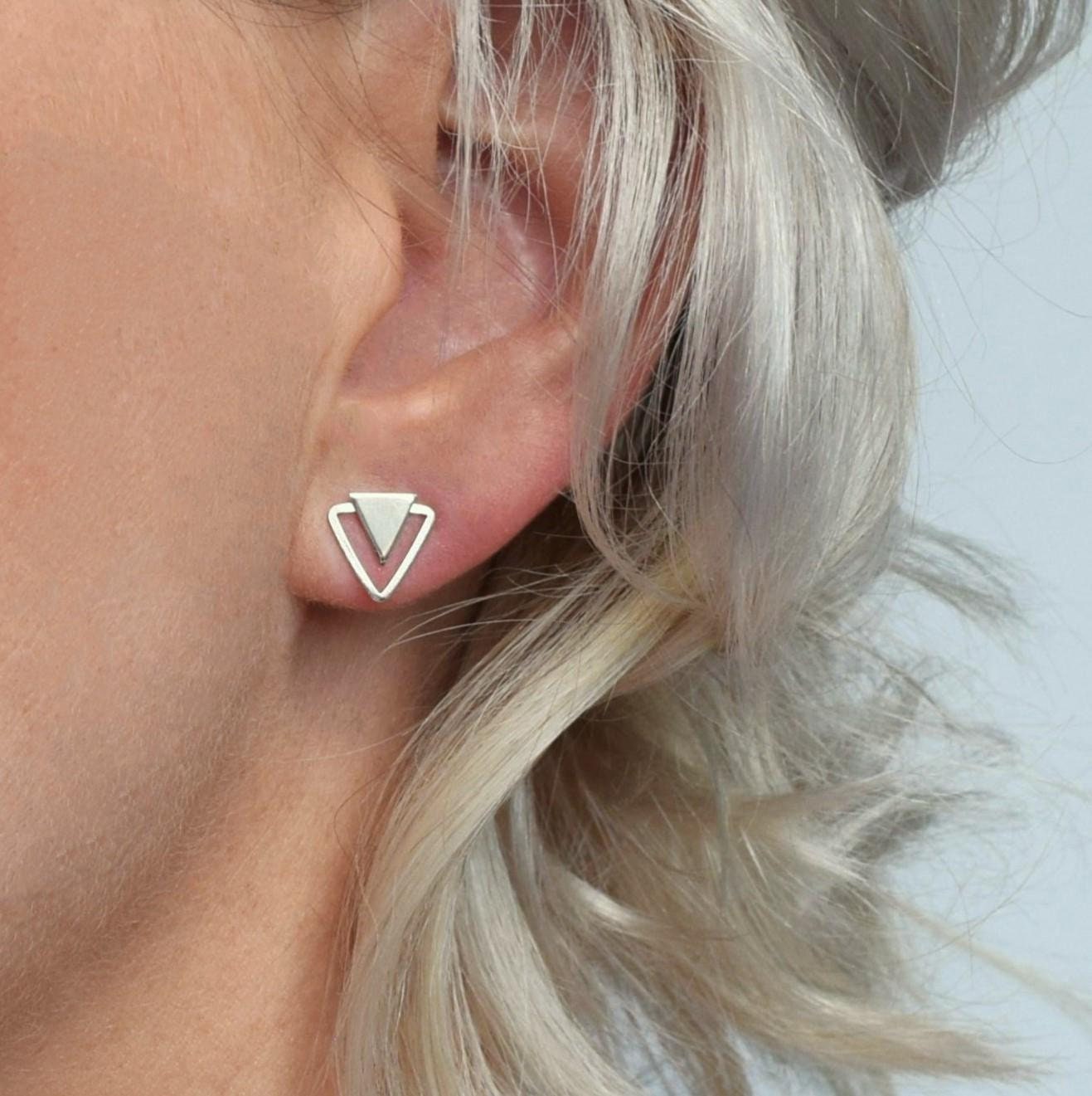 Triangle Stud Earrings Silver Stud Earrings Geometric Stud Earrings Silver Triangle Post Earrings Double Triangle Earrings Etsy