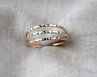 Slim Stacking Ring - Hammered Stacking Ring - Recycled Silver and 9ct Solid Gold Stacking Rings