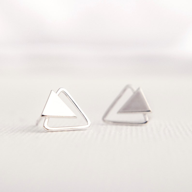 Triangle Stud Earrings Silver Stud Earrings Geometric Stud Earrings Silver Triangle post earrings Double Triangle Earrings image 2