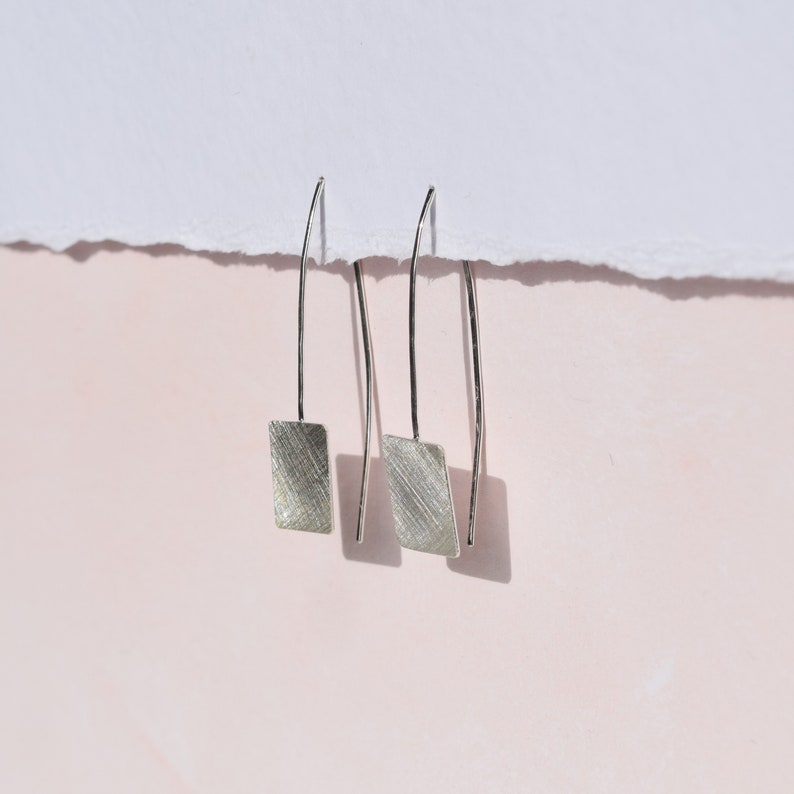 Silver Drop Earrings Long Silver Earrings Geometric Drop Earrings Square Drop Earrings Brushed Silver Earrings image 2