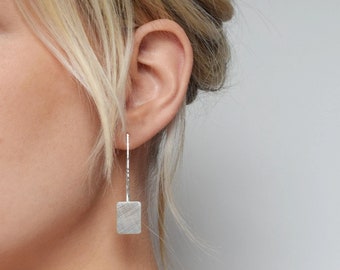 Silver Drop Earrings -  Long Silver Earrings - Geometric Drop Earrings - Square Drop Earrings - Brushed Silver Earrings