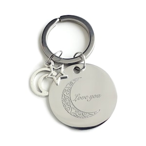 I Love You to the Moon and Back Keychain, with Names Key Ring, Keyring, Valentine&#39;s Day, Graduation, Engraved Keychain Personalized Husband