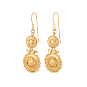 May include: A pair of gold-colored earrings with a two-tiered design. The top tier is a small, circular disc, and the bottom tier is a larger, circular disc. Both discs have a textured surface and are connected by a small bar.
