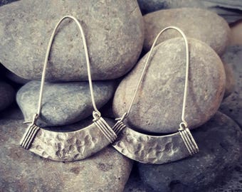 Small silver hoop, THE INDHI HOOP,  hammered hoop earrings , white brass earrings , boho jewelry