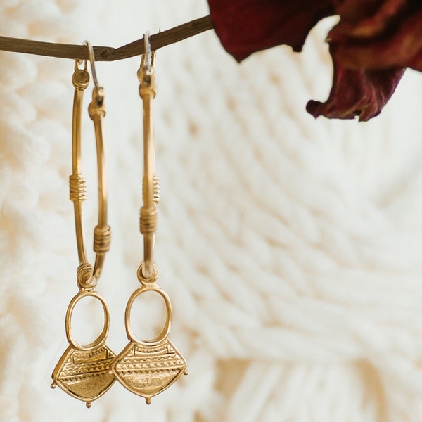 Large Boho Hoop Dangle Earrings, THE AALIA EARRINGS , Statement Jewellery for Women, Bohemian Accessories, Big Ethnic Gold plated Hoops