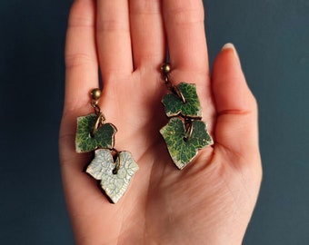 Ivy Leaf Drop Earrings: Handmade Wood & Bronze Botanical Jewelry