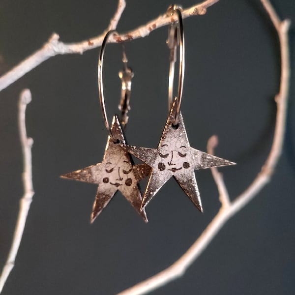 Sleepy Face Star Hoop Earrings: Handmade Laser-Cut Jewelry