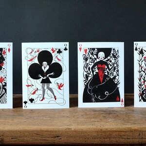 Playing Card Queens. Pack of 4 Notecards/Greetings Cards featuring the re-imagined Queen of Hearts, Diamonds, Clubs & Spades.