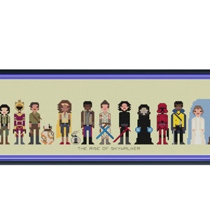 Pode incluir: Uma bordado em ponto cruz emoldurado com personagens de "Star Wars: A Ascensão Skywalker". A obra apresenta figuras pixeladas de personagens icônicos como Chewbacca, Rey e Kylo Ren, com o título do filme na parte inferior. A moldura é azul escuro.