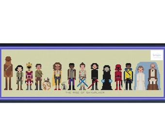 Peut inclure: Une broderie au point de croix encadrée représentant les personnages de "Star Wars : L'Ascension de Skywalker". L'œuvre présente des figures pixélisées de personnages emblématiques comme Chewbacca, Rey et Kylo Ren, avec le titre du film en bas. Le cadre est bleu foncé.