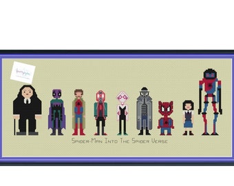 Peut inclure: Broderie au point de croix représentant les personnages de Spider-Man: Into the Spider-Verse. L'œuvre encadrée présente des versions pixélisées des héros, dont Spider-Man, dans divers costumes. Le titre du film est affiché en dessous.