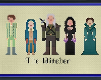Peut inclure: Motif de point de croix représentant les personnages de la série télévisée The Witcher. Les personnages sont Geralt, Yennefer, Ciri, Triss et Jaskier. Les personnages sont représentés dans un style pixélisé.