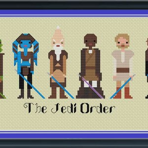 Pode incluir: Um padrão de ponto cruz que apresenta a Ordem Jedi de Star Wars. Os personagens são representados em um estilo pixelado, com seus sabres de luz e outras características distintivas. O texto "The Jedi Order" é exibido abaixo dos personagens.