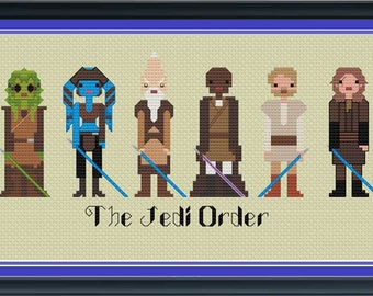 Peut inclure: Un motif de point de croix représentant l'Ordre Jedi de Star Wars. Les personnages sont représentés dans un style pixélisé, avec leurs sabres laser et autres caractéristiques distinctives. Le texte "The Jedi Order" est affiché sous les personnages.