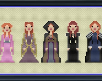 Peut inclure: Motif de point de croix représentant huit personnages féminins aux cheveux roux, portant des robes et des robes de différentes couleurs. Un loup gris est également inclus dans le motif.