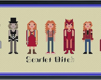 Peut inclure: Motif de point de croix représentant sept personnages pixélisés, dont une femme en robe rouge et une femme en cape rouge. Le texte "Scarlet Witch" est situé sous les personnages.